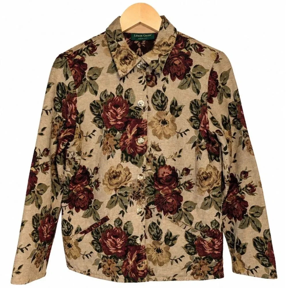 Vintage 1990s Lemon Grass Floral Tapestry Jacket S Cottagecore Dark Academia Y2K